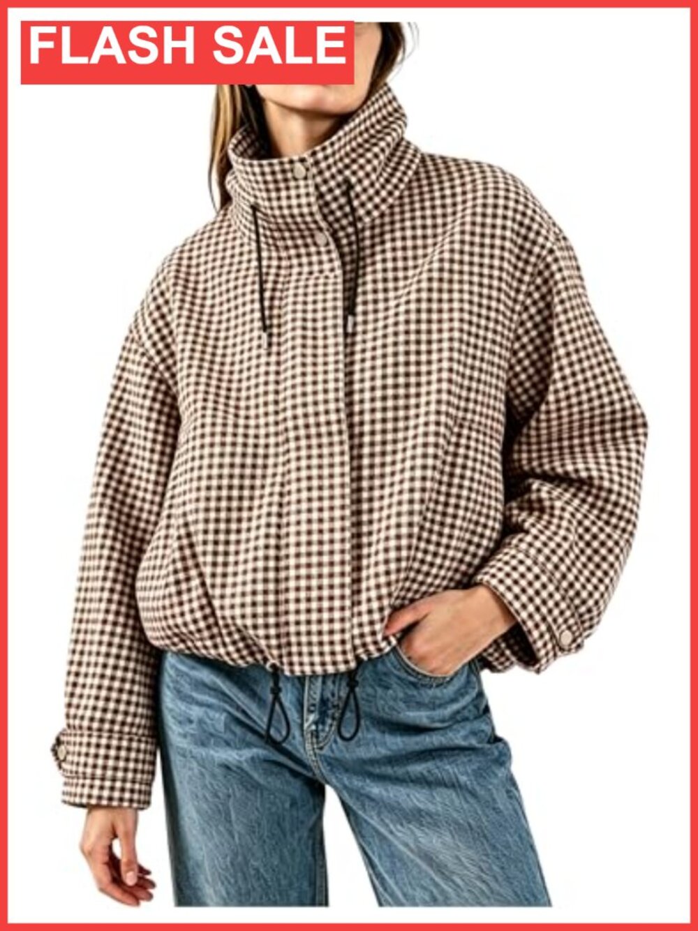 Gingham Zipper Bomber Jacket Stand Collar Long Sleeve Cropped Outwear with